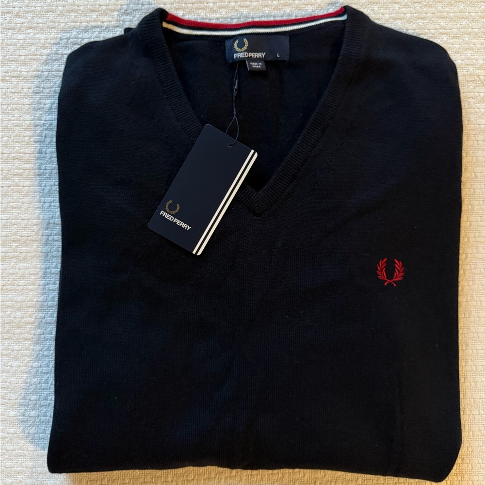 Fred Perry V-Neck Blue Sweater with Red Trim